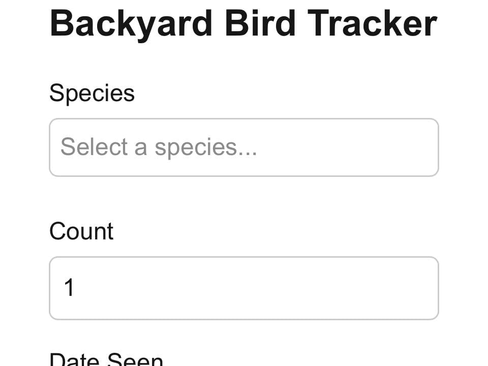 Species entry section of the Backyard Bird Tracker app
