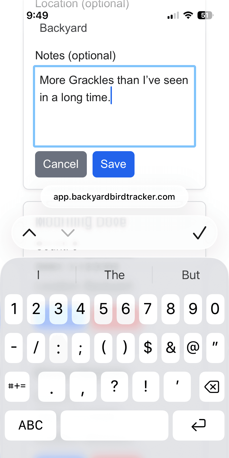 Editing notes for a bird sighting in the Backyard Bird Tracker app