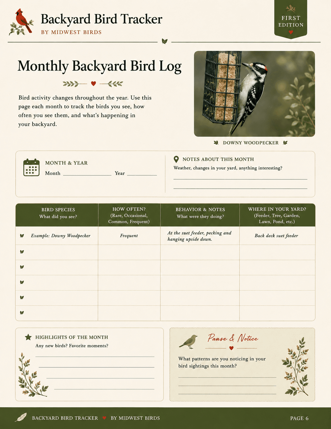 Monthly Backyard Log page